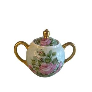 Vintage‎ Hand Painted Porcelain Sugar Bowl Pink Rose Floral Gold Gilt Handles